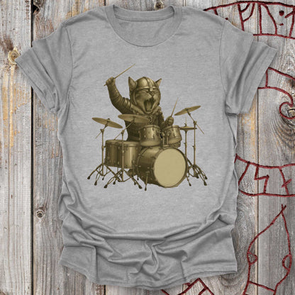 Viking Drummer Kitten – Norse Warrior Rock T-Shirt