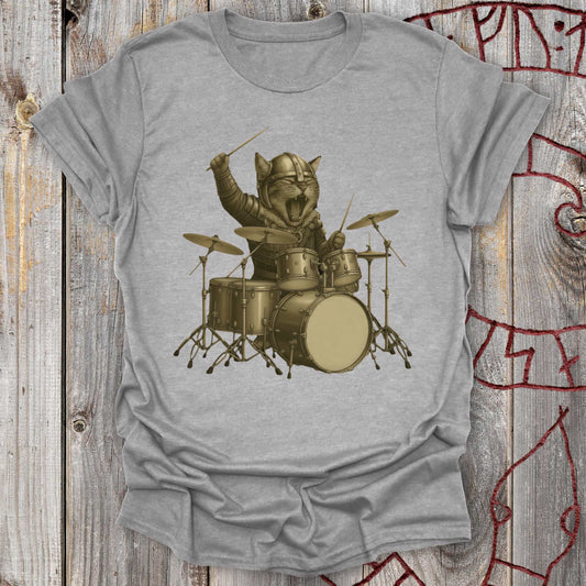 Viking Drummer Kitten – Norse Warrior Rock T-Shirt