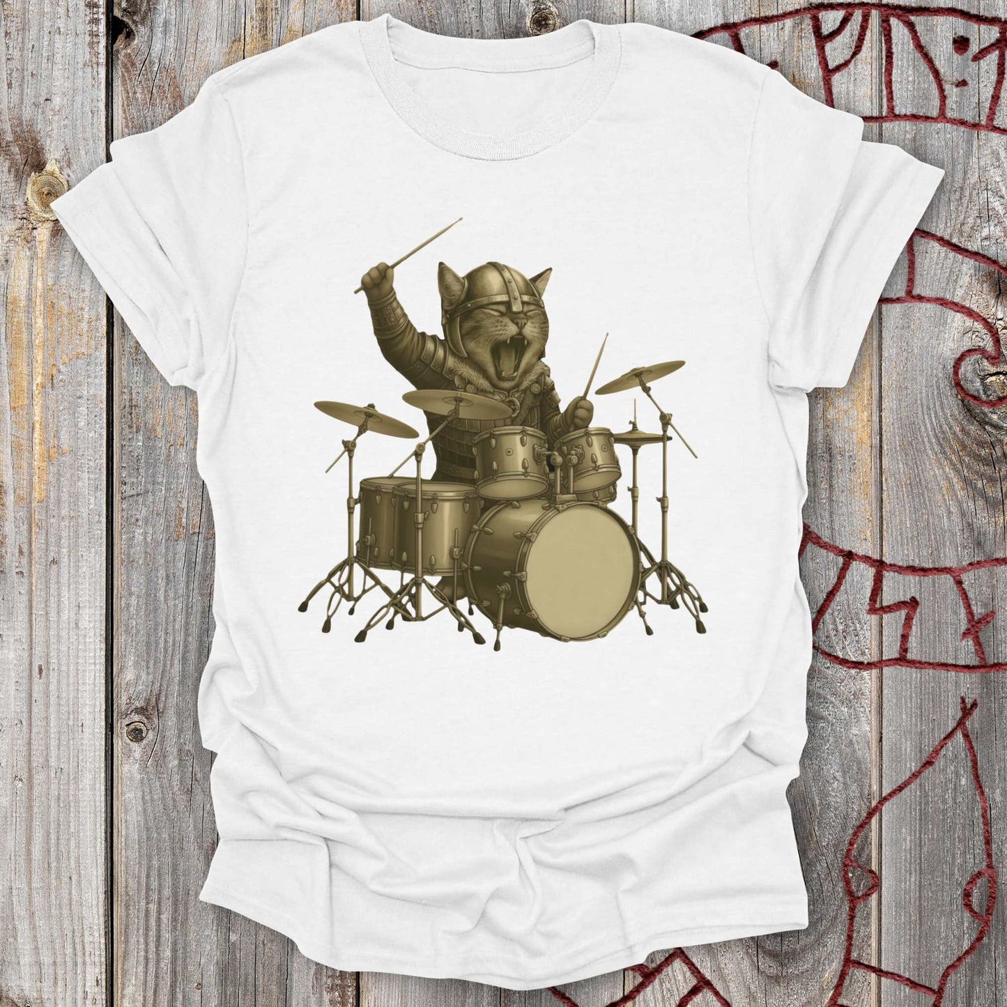 Viking Drummer Kitten – Norse Warrior Rock T-Shirt