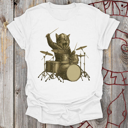 Viking Drummer Kitten – Norse Warrior Rock T-Shirt