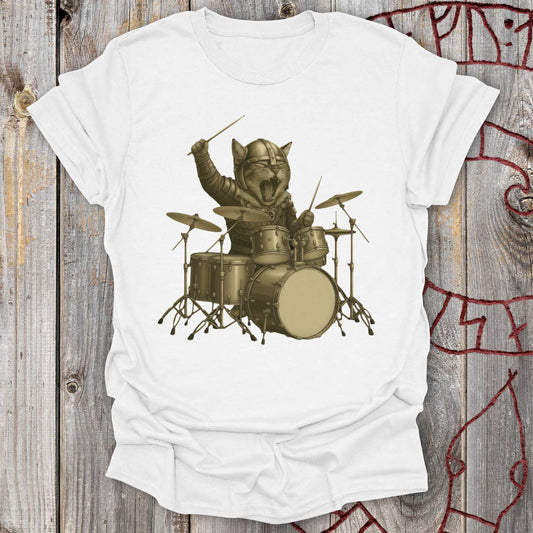 Viking Drummer Kitten – Norse Warrior Rock T-Shirt