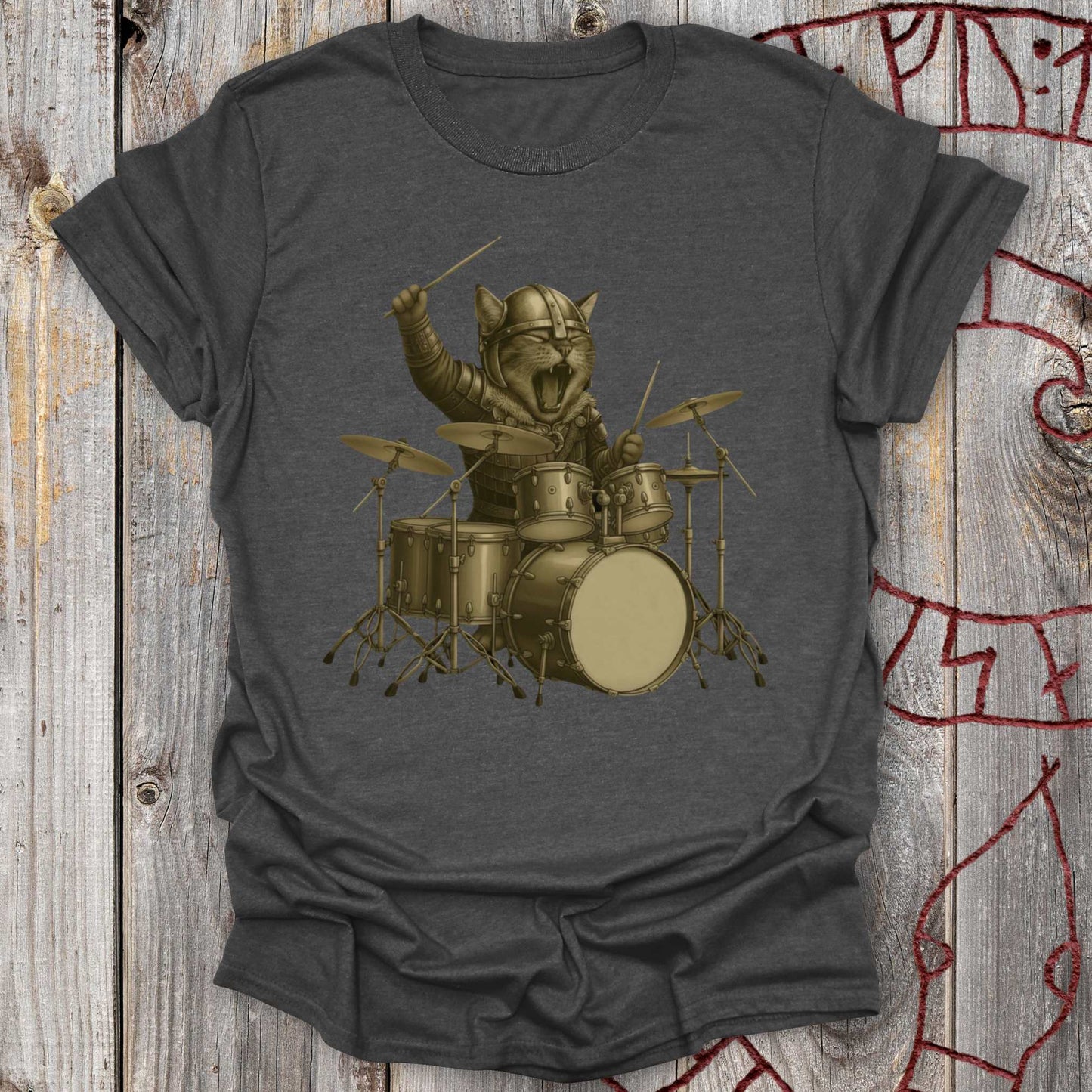 Viking Drummer Kitten – Norse Warrior Rock T-Shirt