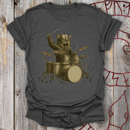 Viking Drummer Kitten – Norse Warrior Rock T-Shirt