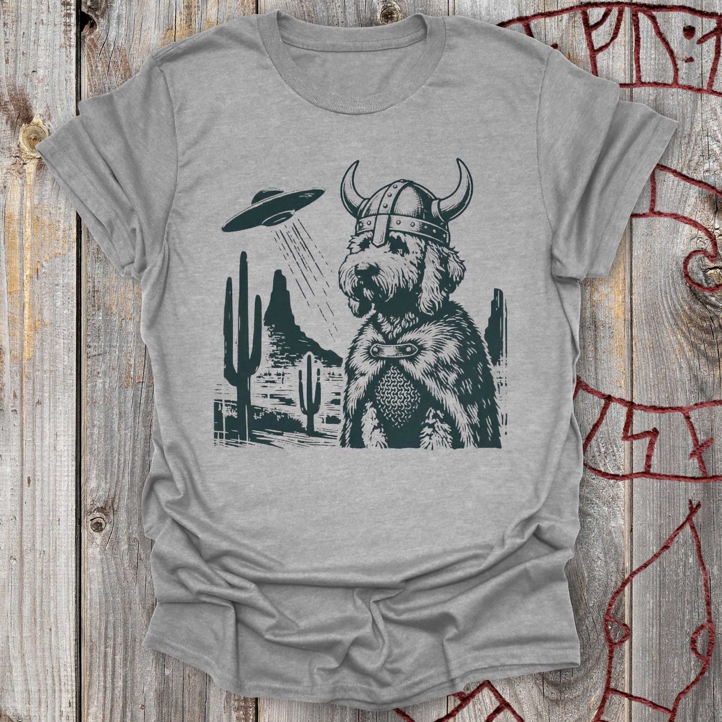 Goldendoodle Viking and UFO T-shirt