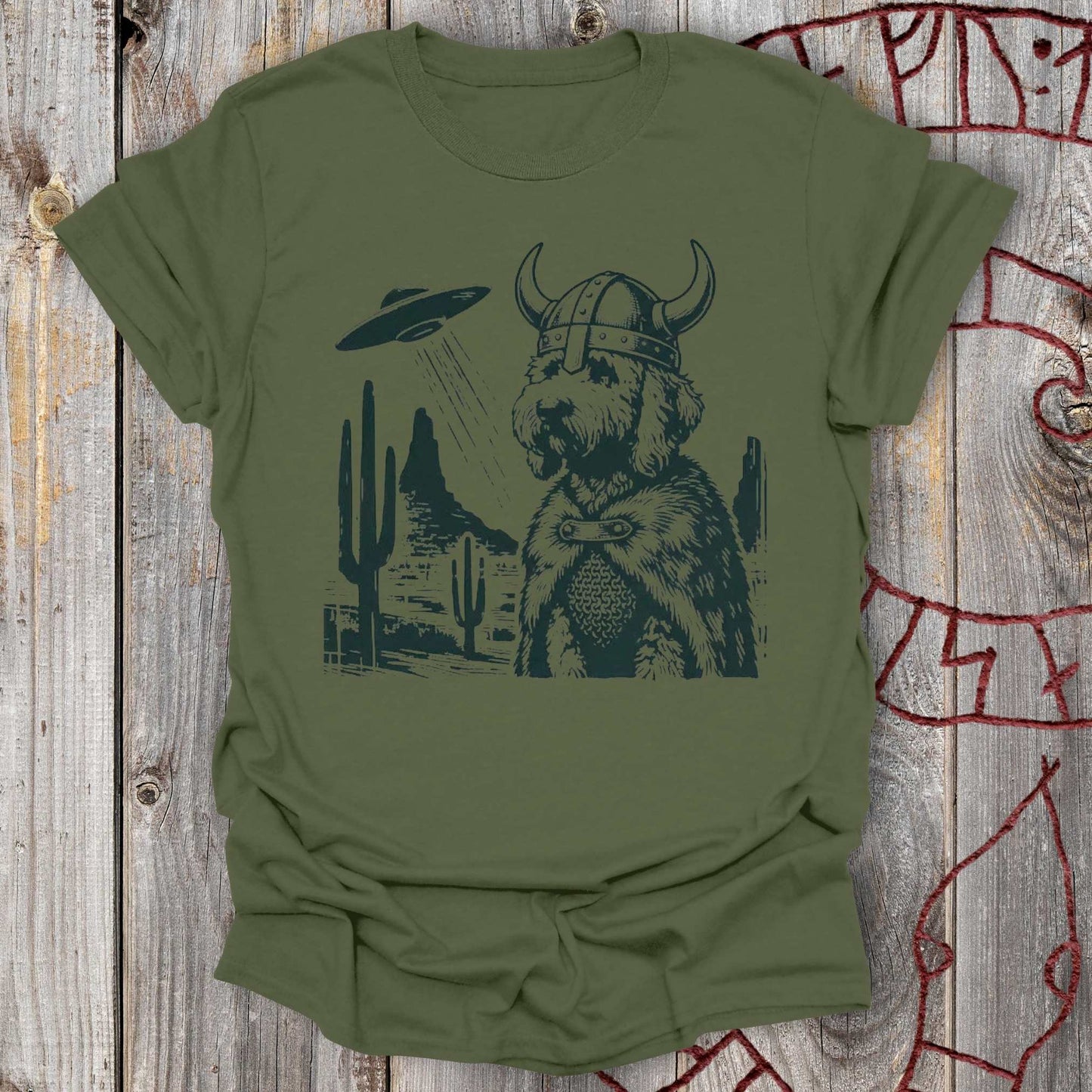 Goldendoodle Viking and UFO T-shirt