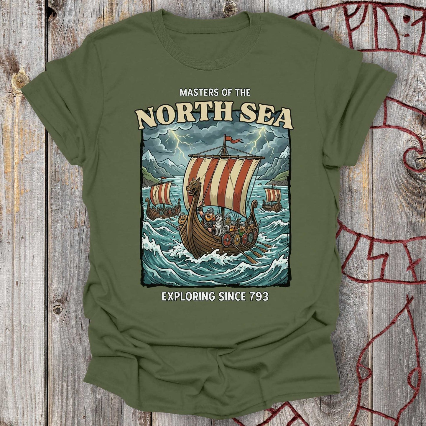 Masters of the North Sea - Exploring since 793 Viking Adventure T-shirt NEW!