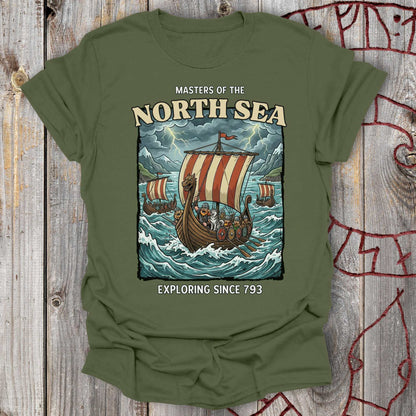 Masters of the North Sea - Exploring since 793 Viking Adventure T-shirt NEW!