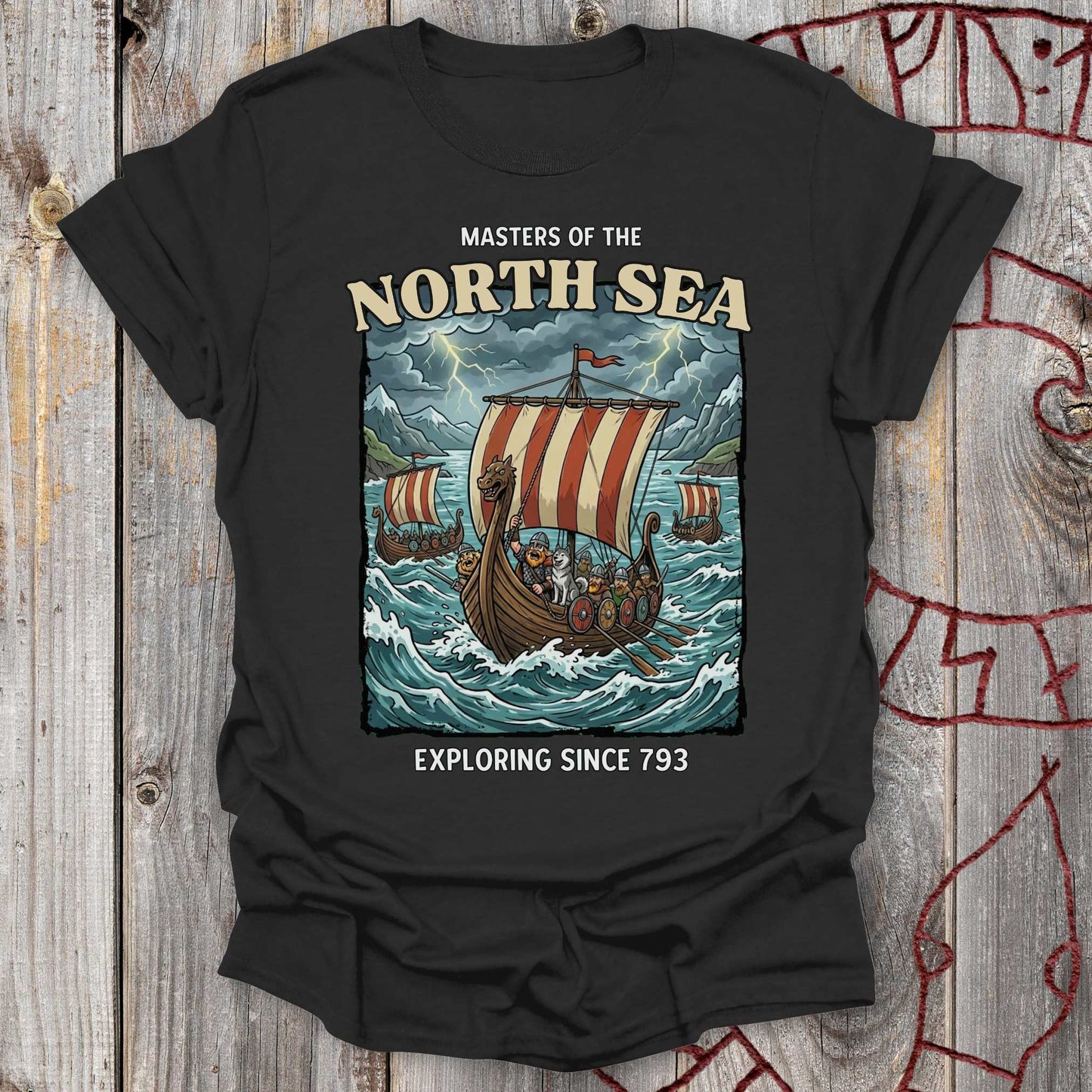 Masters of the North Sea - Exploring since 793 Viking Adventure T-shirt NEW!