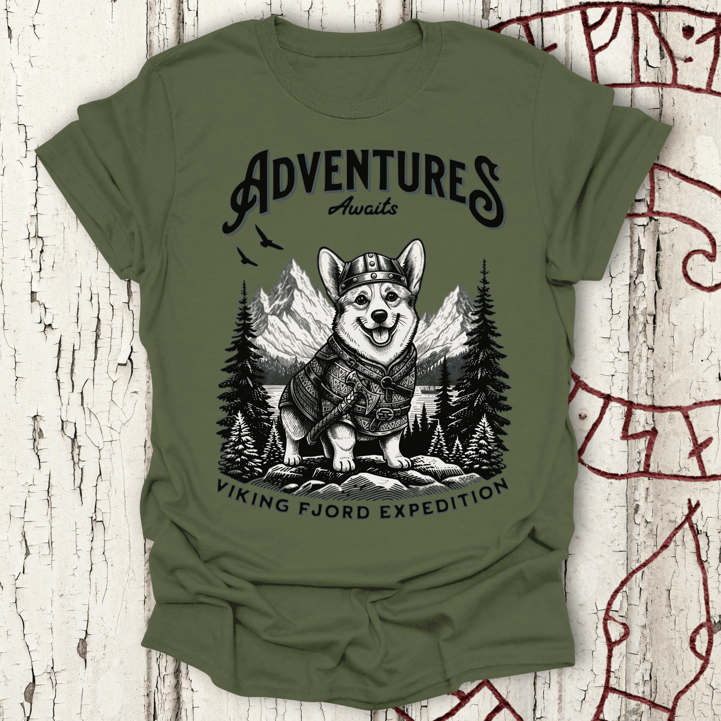 Adventure Awaits - Viking Fjord Expedition Corgi T-shirt NEW!