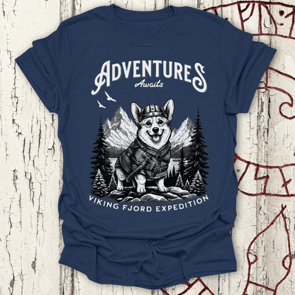 Adventure Awaits - Viking Fjord Expedition Corgi T-shirt NEW!
