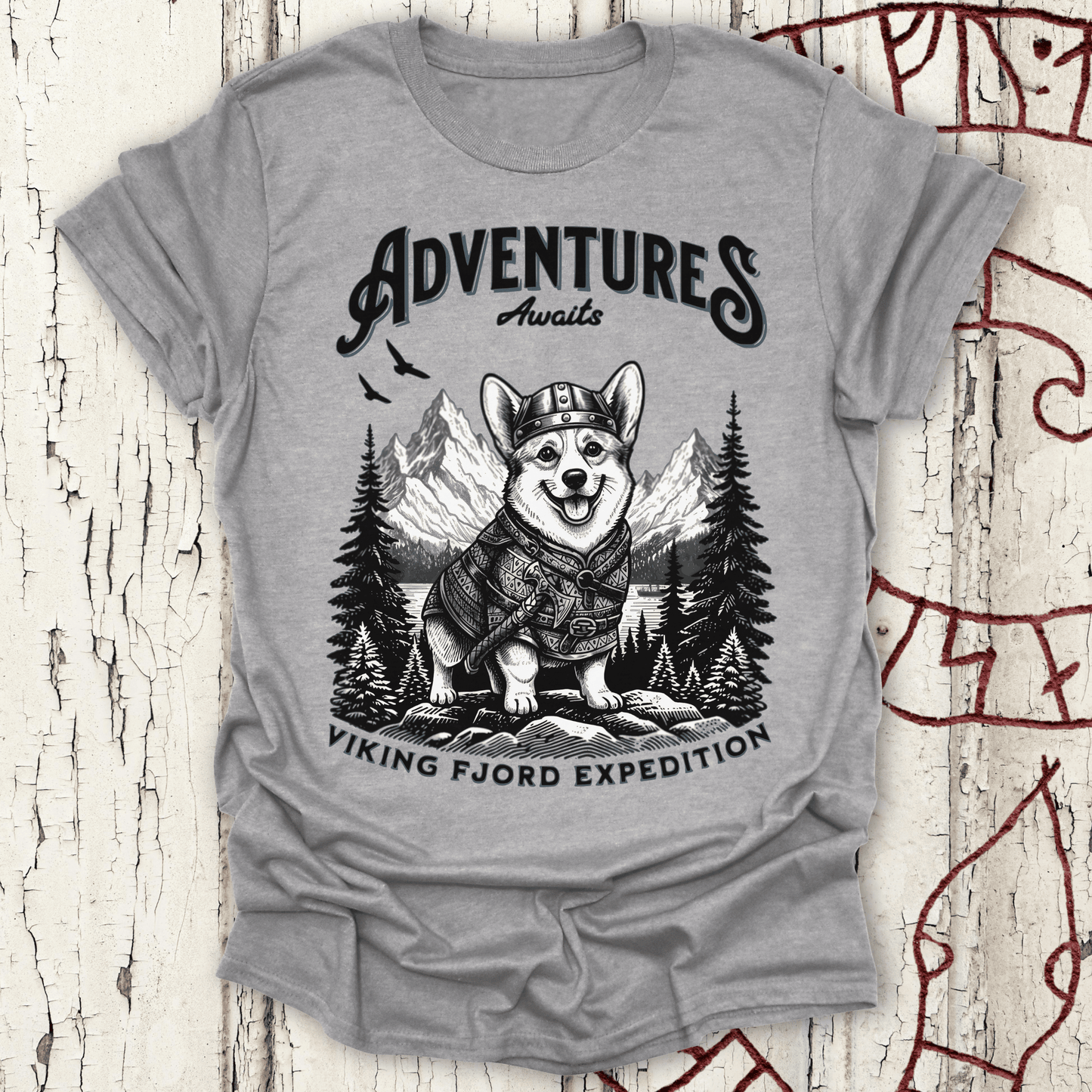 Adventure Awaits - Viking Fjord Expedition Corgi T-shirt NEW!