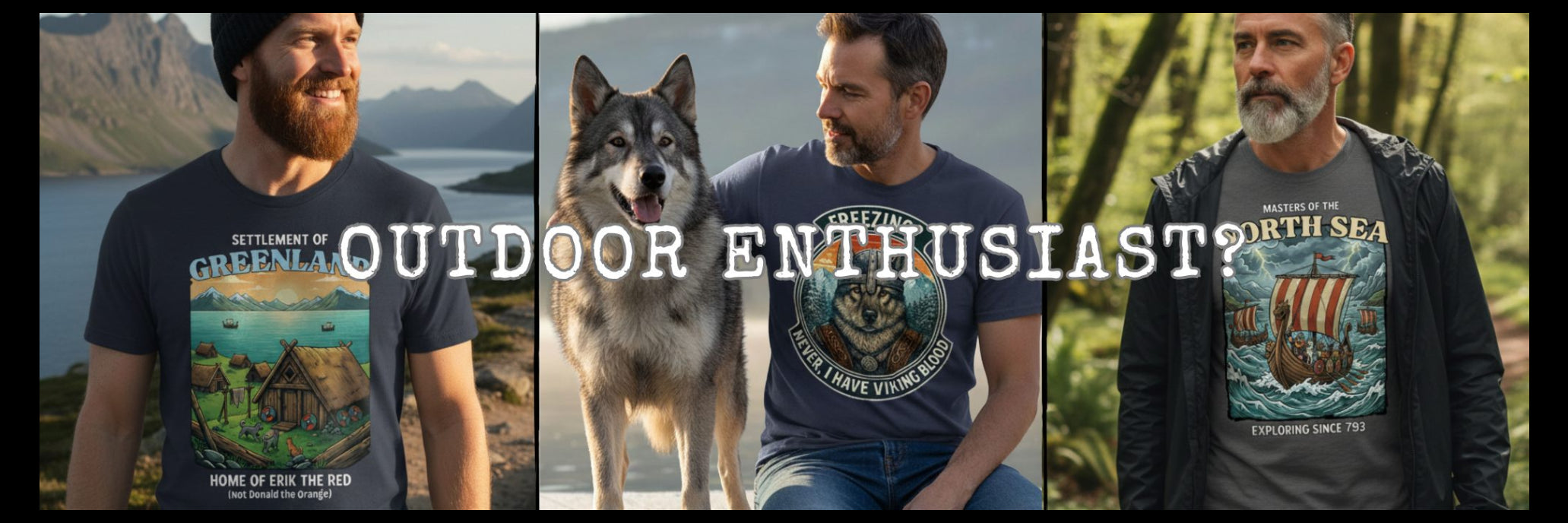 Collage of people wearing t-shirts with Viking outdoor-themed designs and a wolf in the center.