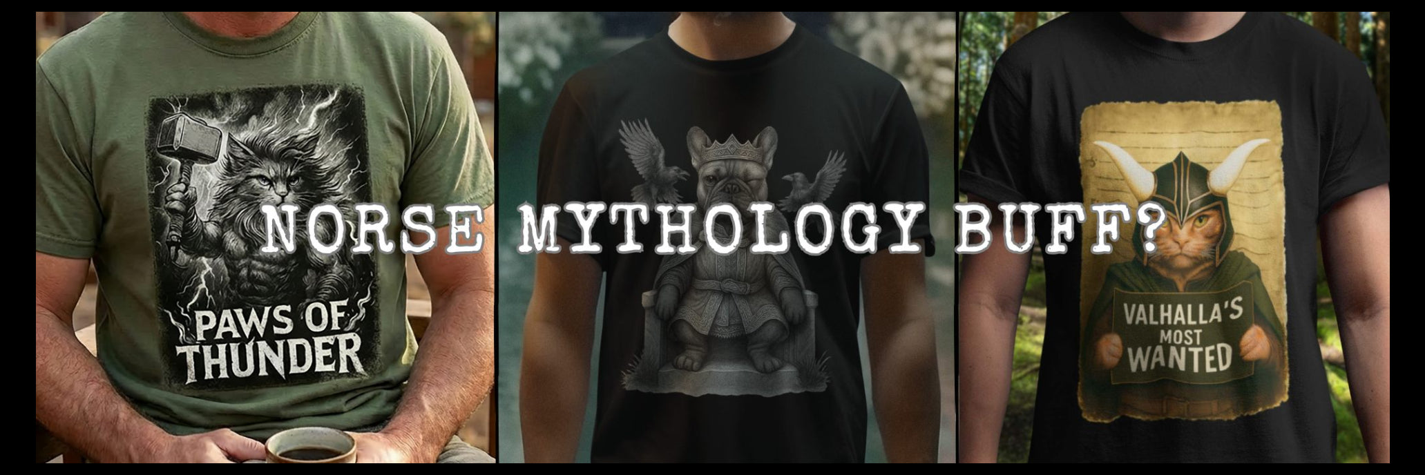 Three t-shirts with Norse mythology-themed designs and text.