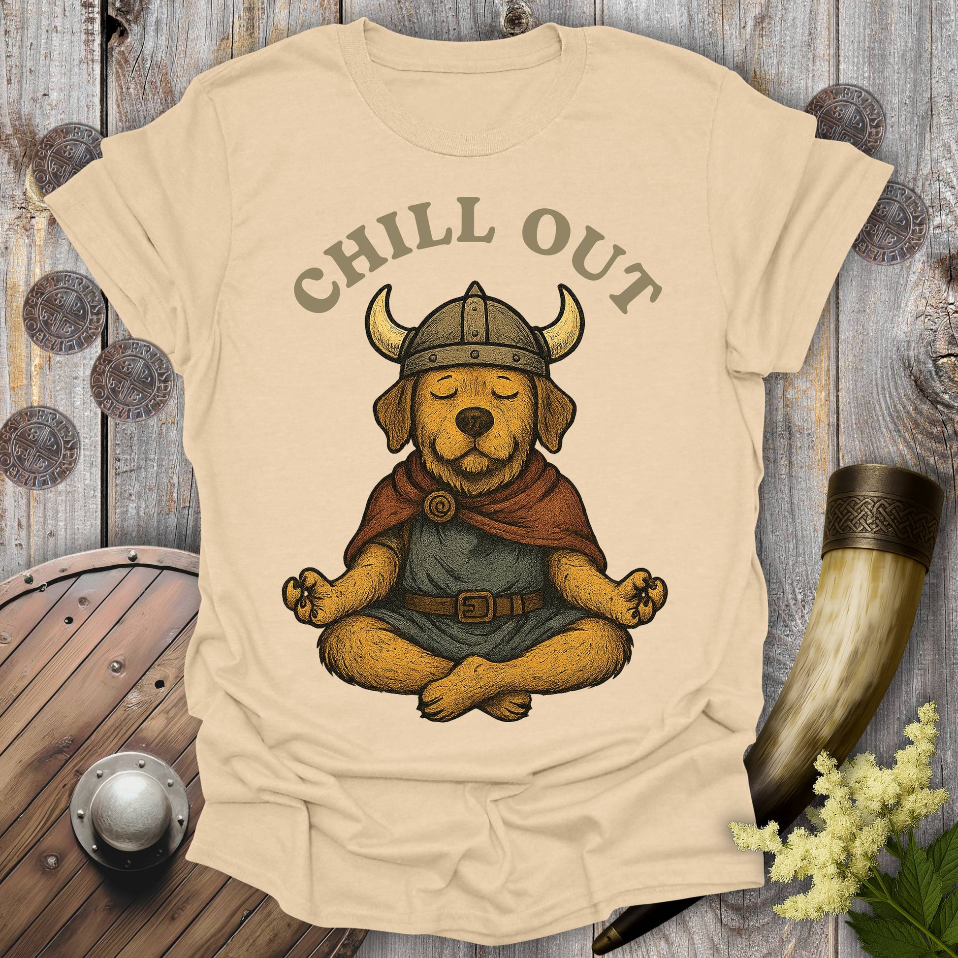 Beige Sand colored t-shirt with a Viking dog wearing a Viking helmet meditating and 'Chill Out' text.
