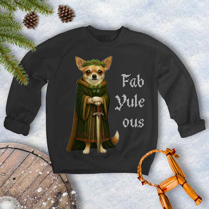 Black sweatshirt with a Norse Shieldmaiden Chihuahua dog illustration and 'Fab Yule ous' cross stitch looking white text.