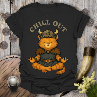 Black t-shirt with a orange tabby cat wearing a Viking helmet meditating and 'Chill Out' text.