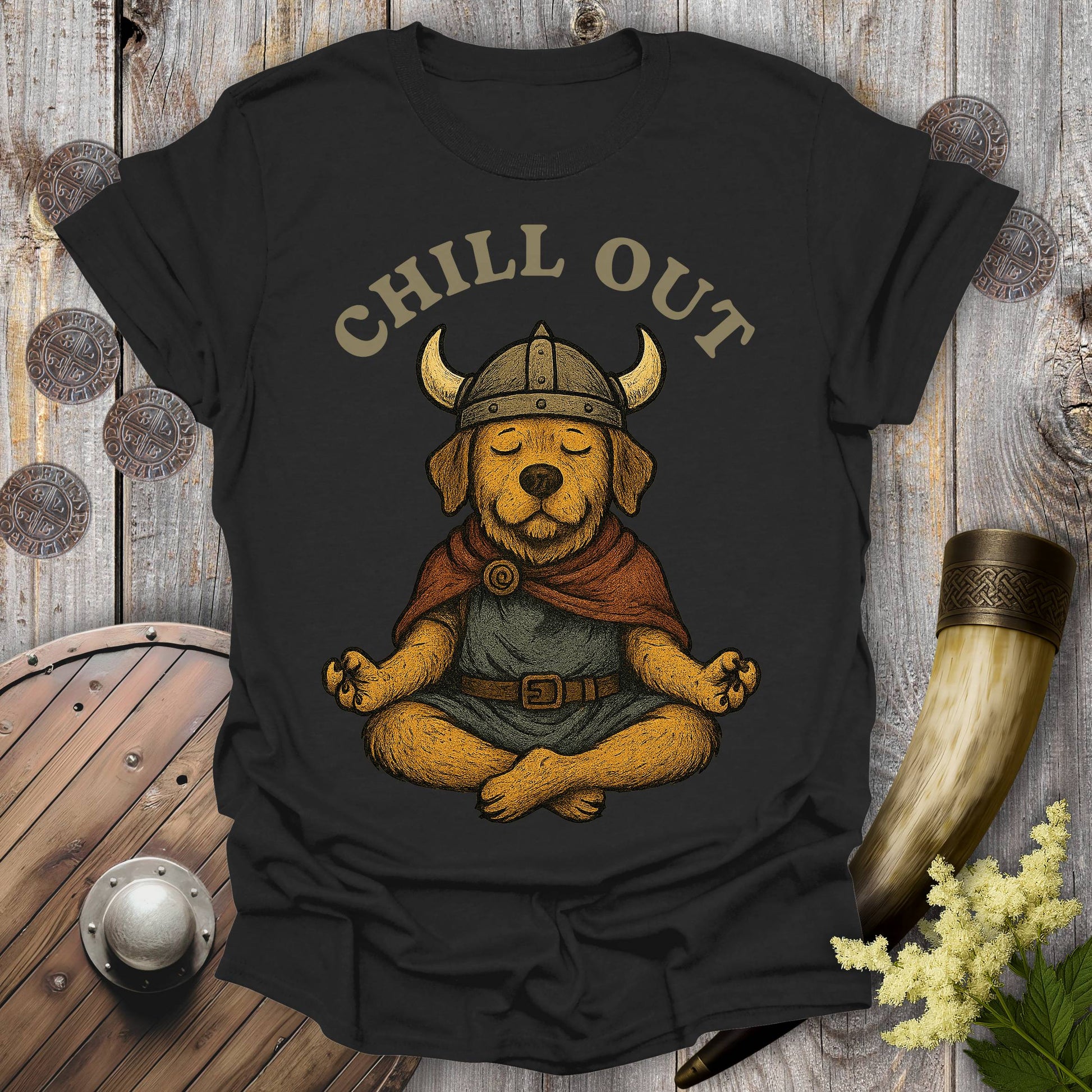 Black t-shirt with a Viking dog wearing a Viking helmet meditating and 'Chill Out' text.