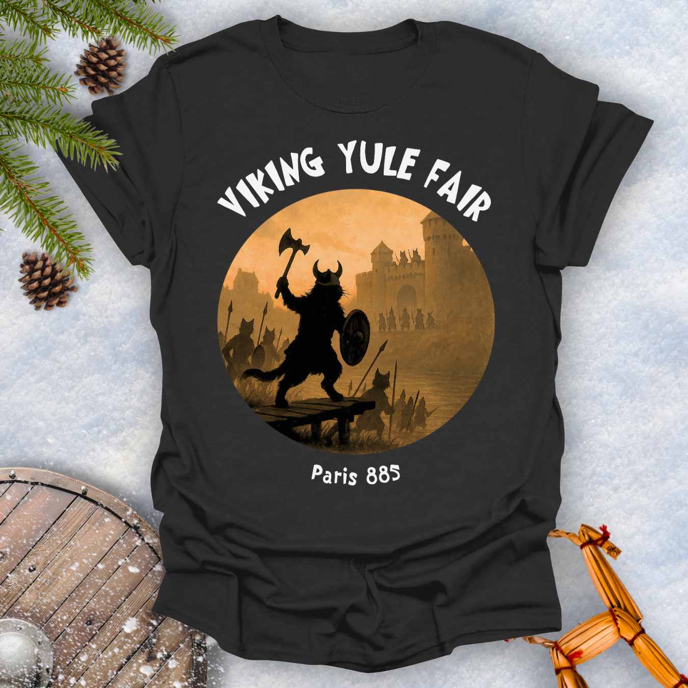 Black t-shirt with Viking cat design and white 'Viking Yule Fair' and 'Paris 885' text on a snowy background.