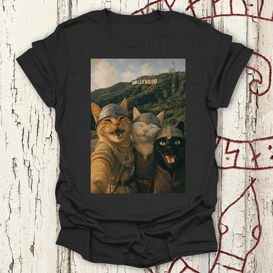 Viking Cats Retro Selfie Photo Style - Hollywood Sign T-shirt NEW!