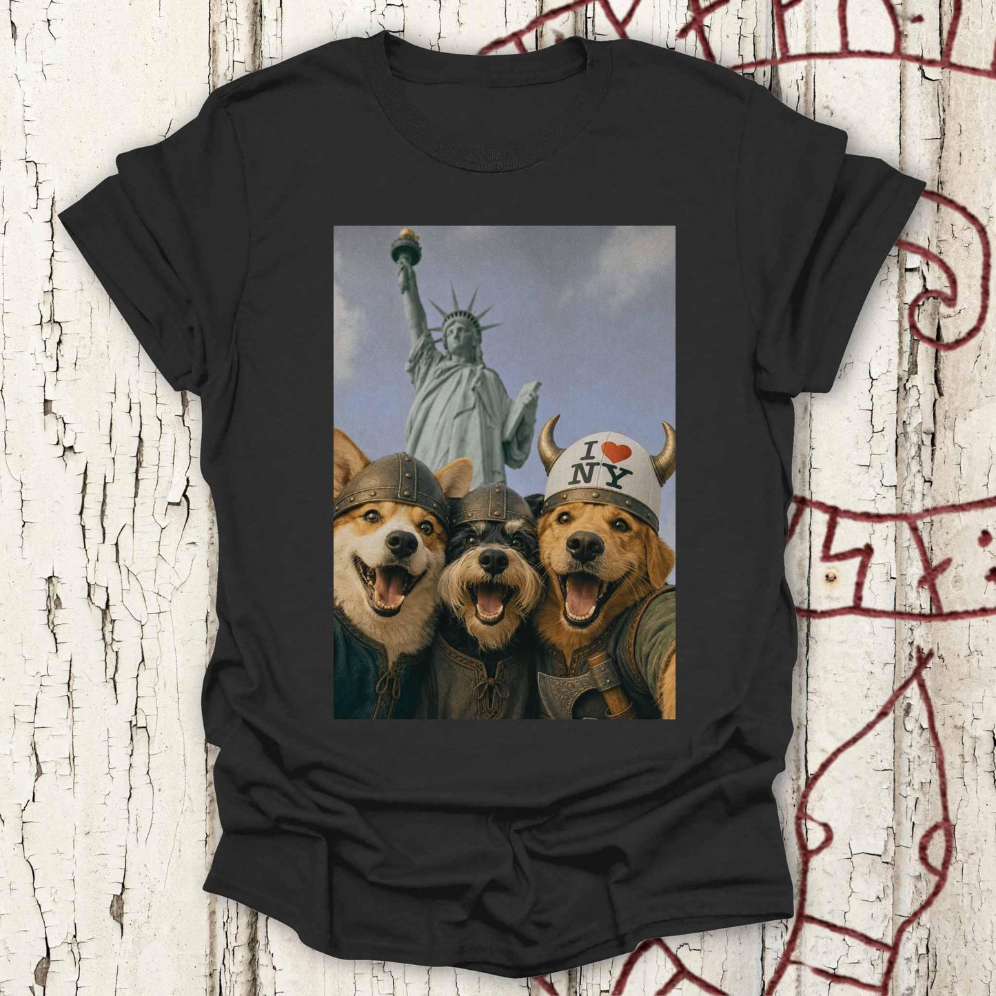 Viking Dogs Retro Selfie Photo Style - Statue of Liberty (I Love NY) T-shirt