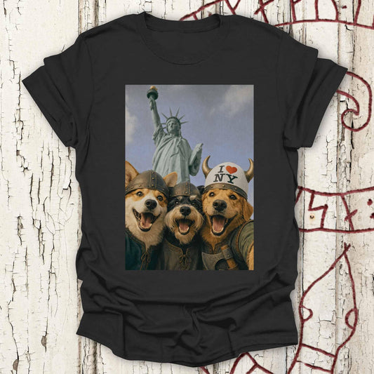 Viking Dogs Retro Selfie Photo Style - Statue of Liberty (I Love NY) T-shirt NEW!