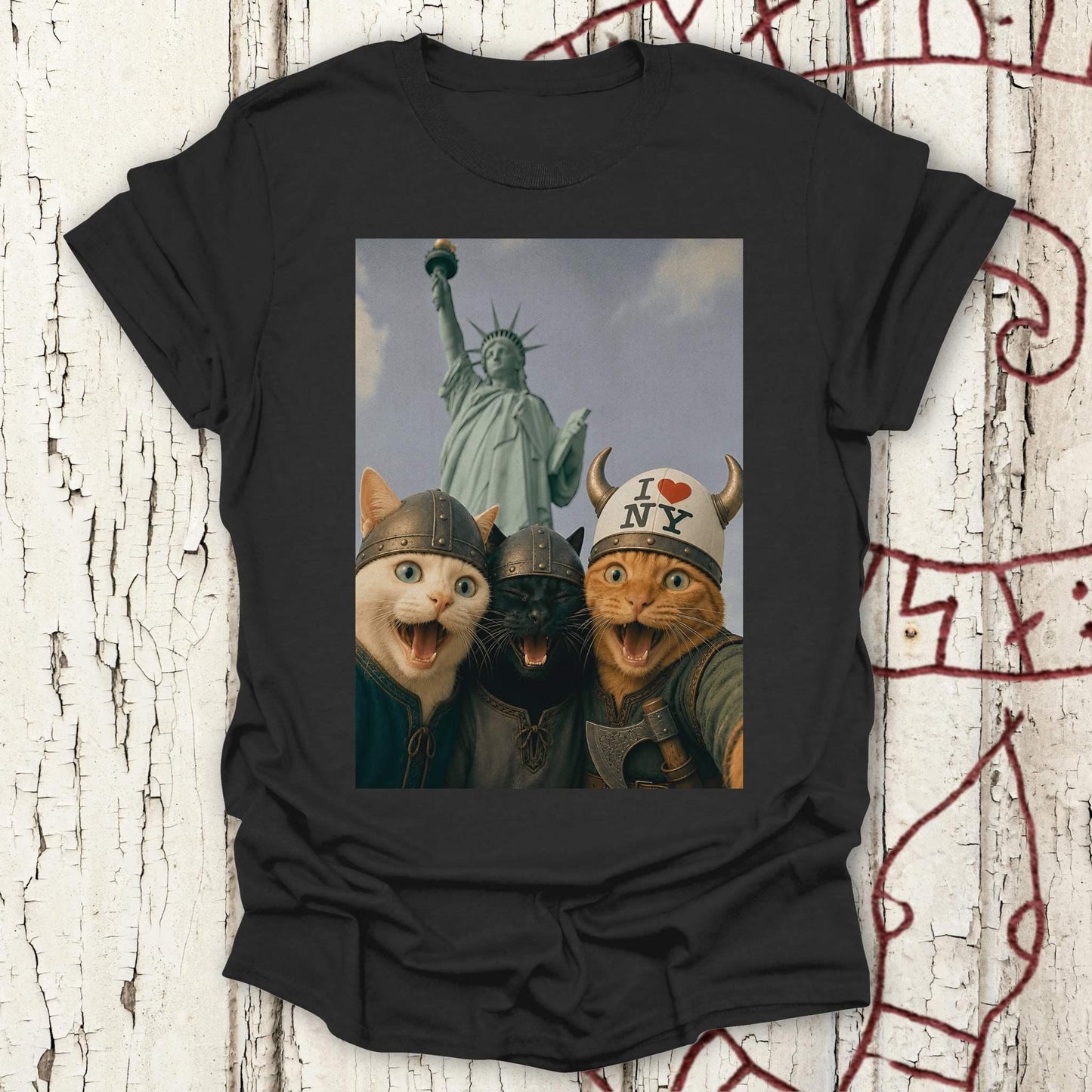 Viking Cats Retro Selfie Photo Style - Statue of Liberty (I Love NY) T-shirt