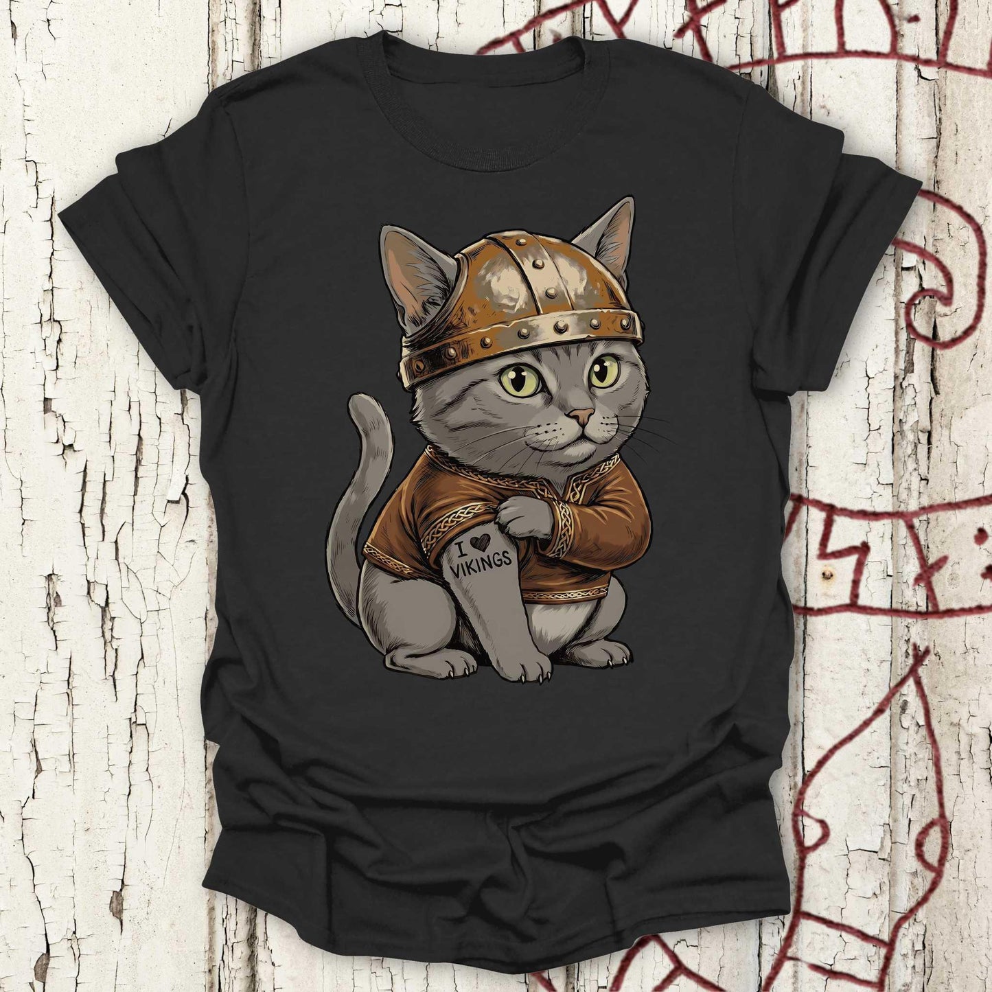 Viking Cat with Tattoo "I Love Vikings" - T-shirt NEW!
