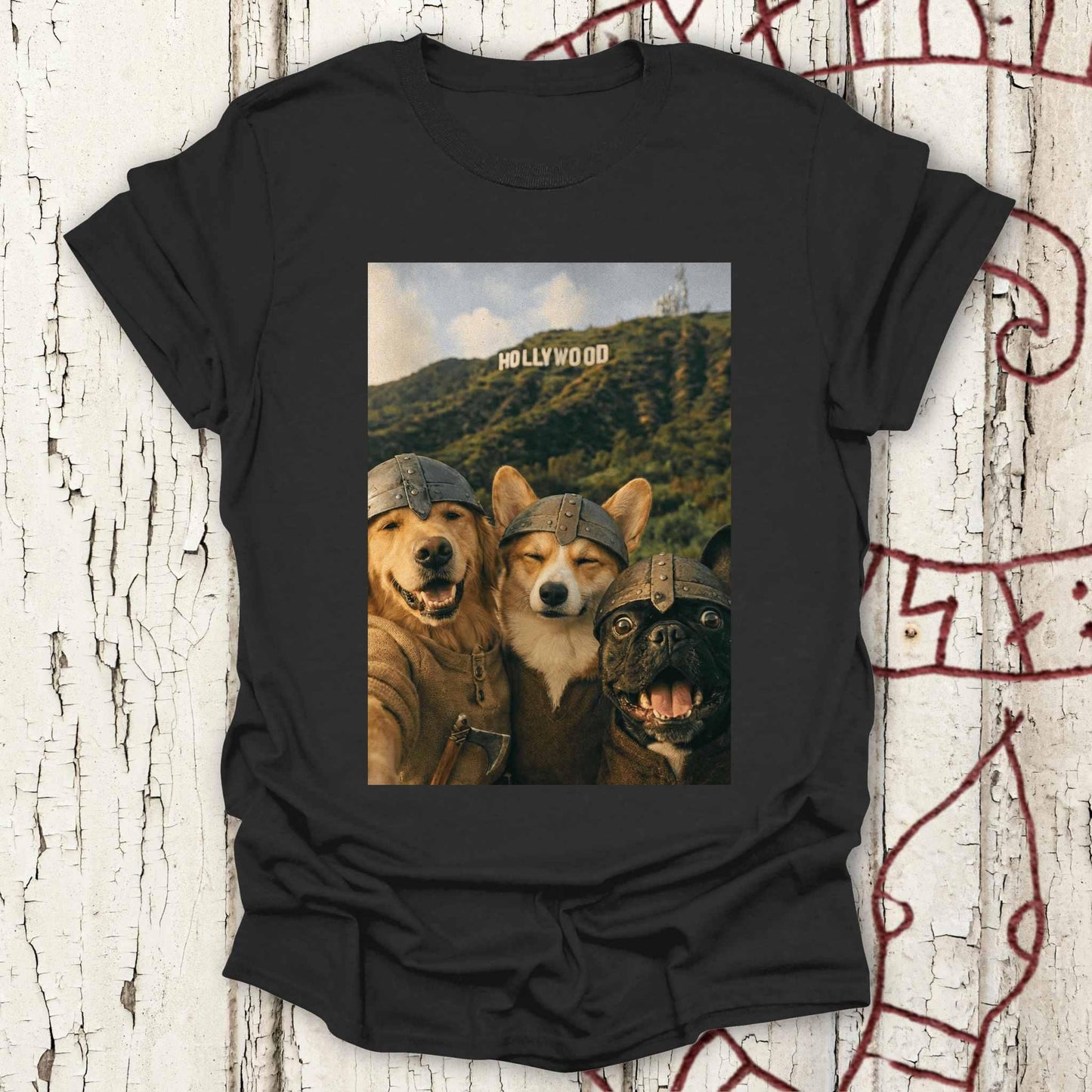 Viking Dogs Retro Selfie Photo Style - Hollywood Sign T-shirt