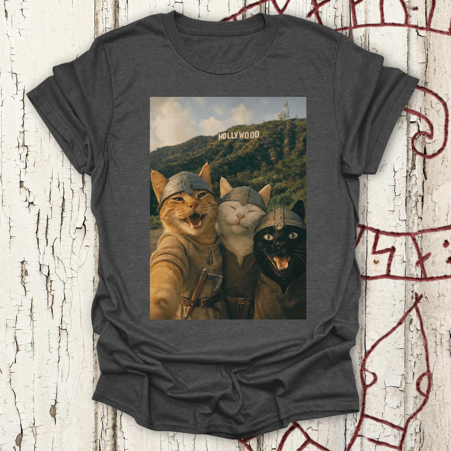 Viking Cats Retro Selfie Photo Style - Hollywood Sign T-shirt NEW!