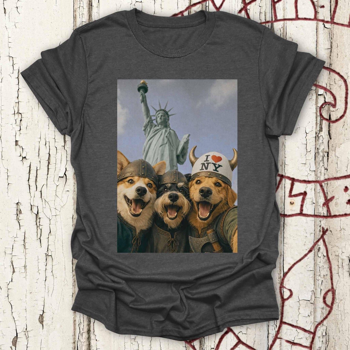 Viking Dogs Retro Selfie Photo Style - Statue of Liberty (I Love NY) T-shirt