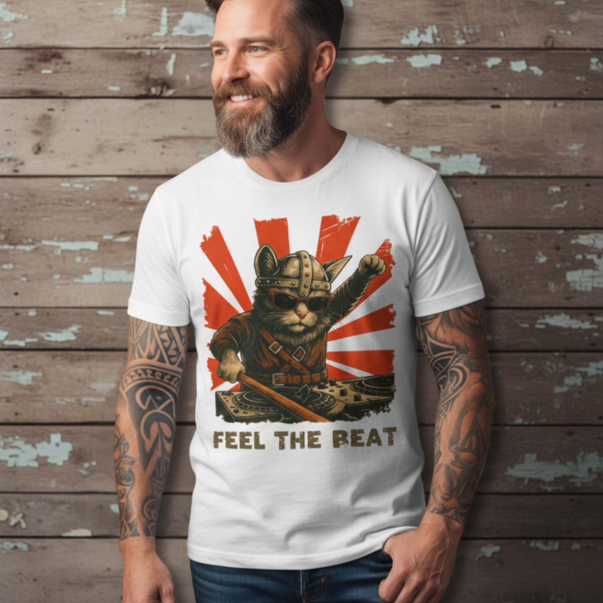 T-Shirt Feel the Beat - Viking Cat DJ T-Shirt Unisex size S M L XL 2XL