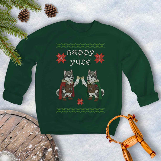 Forest Green sweatshirt with ugly Christmas sweater style and Nordic pattern with Viking Huskies Graphic. Text 'Happy Yule'.