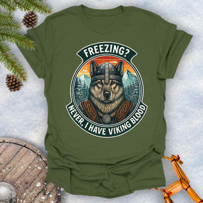 Forest Green t-shirt with a graphic of a Viking Norwegian Elkhound and text 'Freezing? Never, I have Viking blood' with a Nordic, retro sunset graphic in the background.