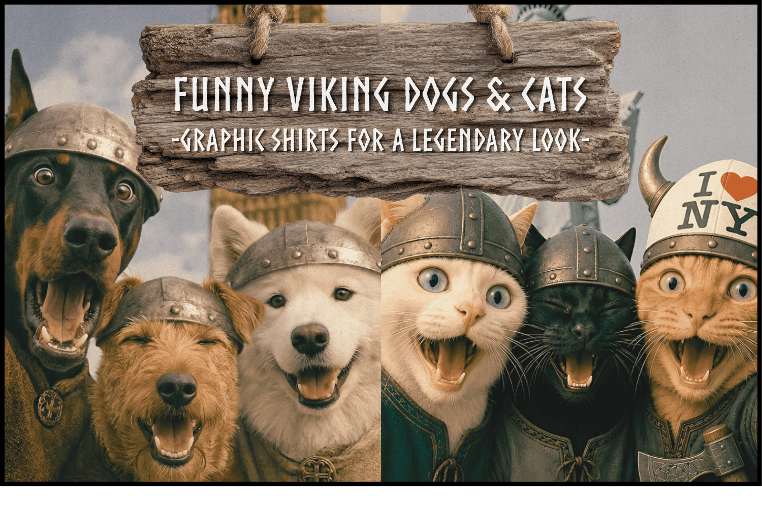 A promotional graphic showing several animals dressed as Vikings under a wooden sign that reads 'FUNNY VIKING DOGS & CATS -GRAPHIK SHIRTS FOR A LEGENDARY LOOK-'. The animals include a black Viking dog, a brown Viking dog, a white Viking husky, a white Viking cat, a black Viking cat, and an orange tabby Viking cat wearing a horned 'I ♥ NY' helmet.
