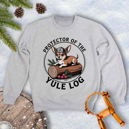 Gray sweatshirt with a Viking Chihuahua dog graphic and text 'Protector of the Yule Log'.