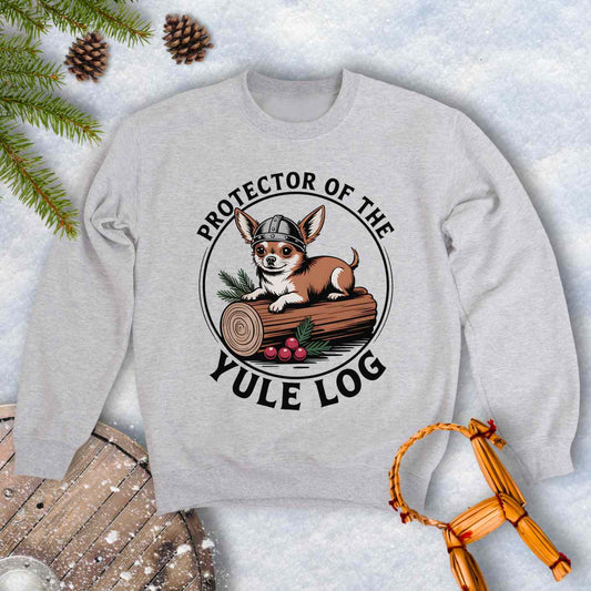 Gray sweatshirt with a Viking Chihuahua dog graphic and text 'Protector of the Yule Log'.