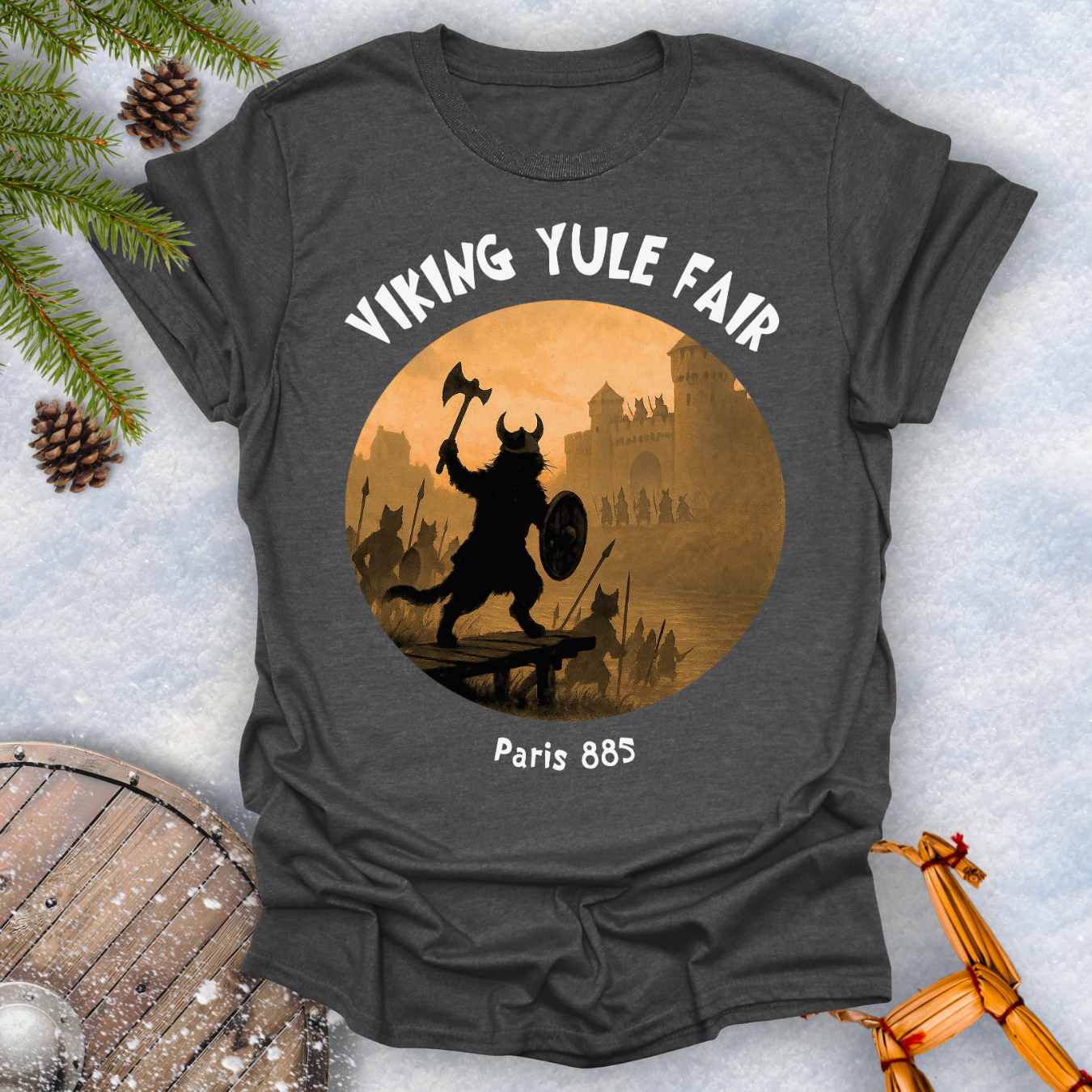 Gray Dark heather colored t-shirt with Viking cat design and white 'Viking Yule Fair' and 'Paris 885' text on a snowy background.