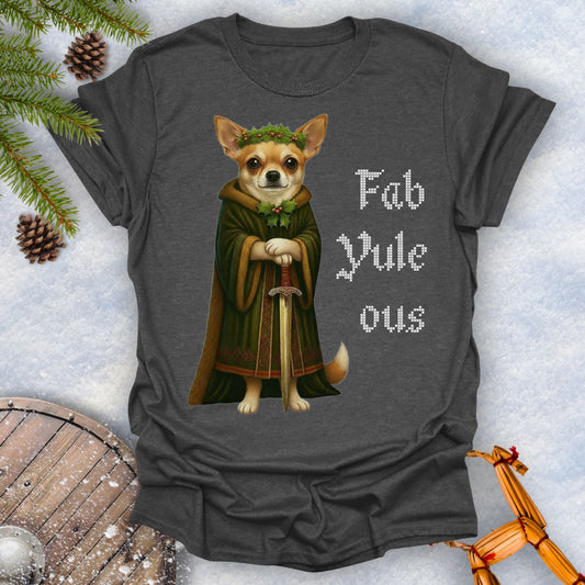 Gray Dark heather colored t-shirt with a Viking Chihuahua dog in a robe and sword graphic and 'Fab Yule ous' text, surrounded by Christmas decorations.