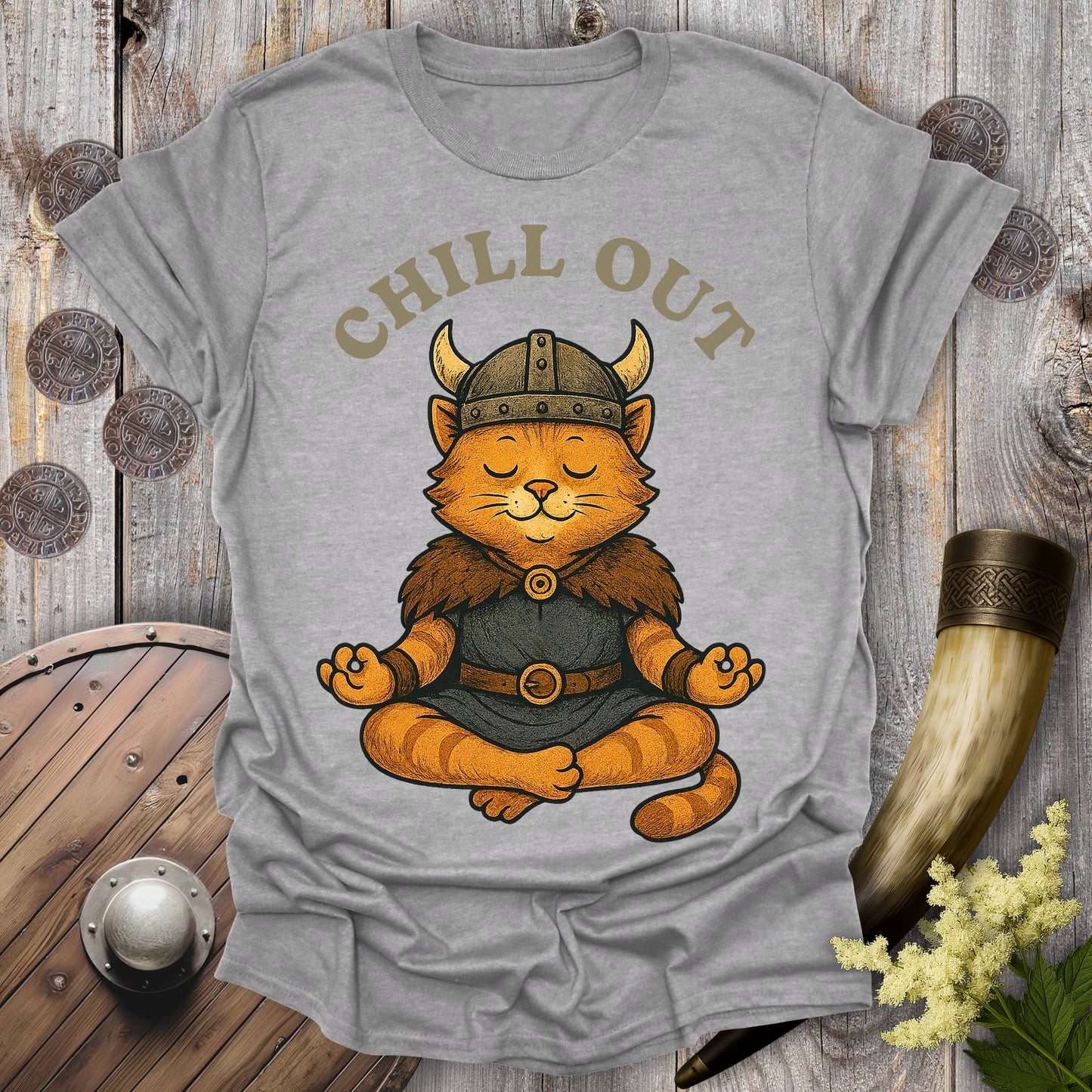 Gray Sports grey colored t-shirt with a orange tabby cat wearing a Viking helmet meditating and 'Chill Out' text.