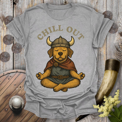 Gray Sports grey  t-shirt with a Viking dog wearing a Viking helmet meditating and 'Chill Out' text.