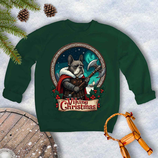 Green sweatshirt with a Viking-themed Christmas design featuring a Viking Bulldog, axe, and northern lights. Text: Viking Christmas.