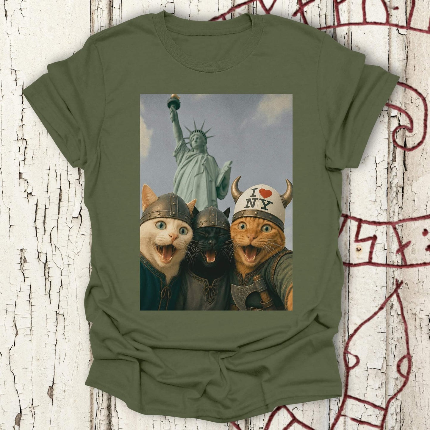 Viking Cats Retro Selfie Photo Style - Statue of Liberty (I Love NY) T-shirt