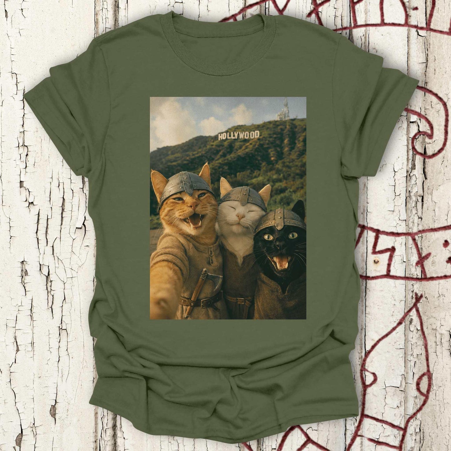 Viking Cats Retro Selfie Photo Style - Hollywood Sign T-shirt NEW!
