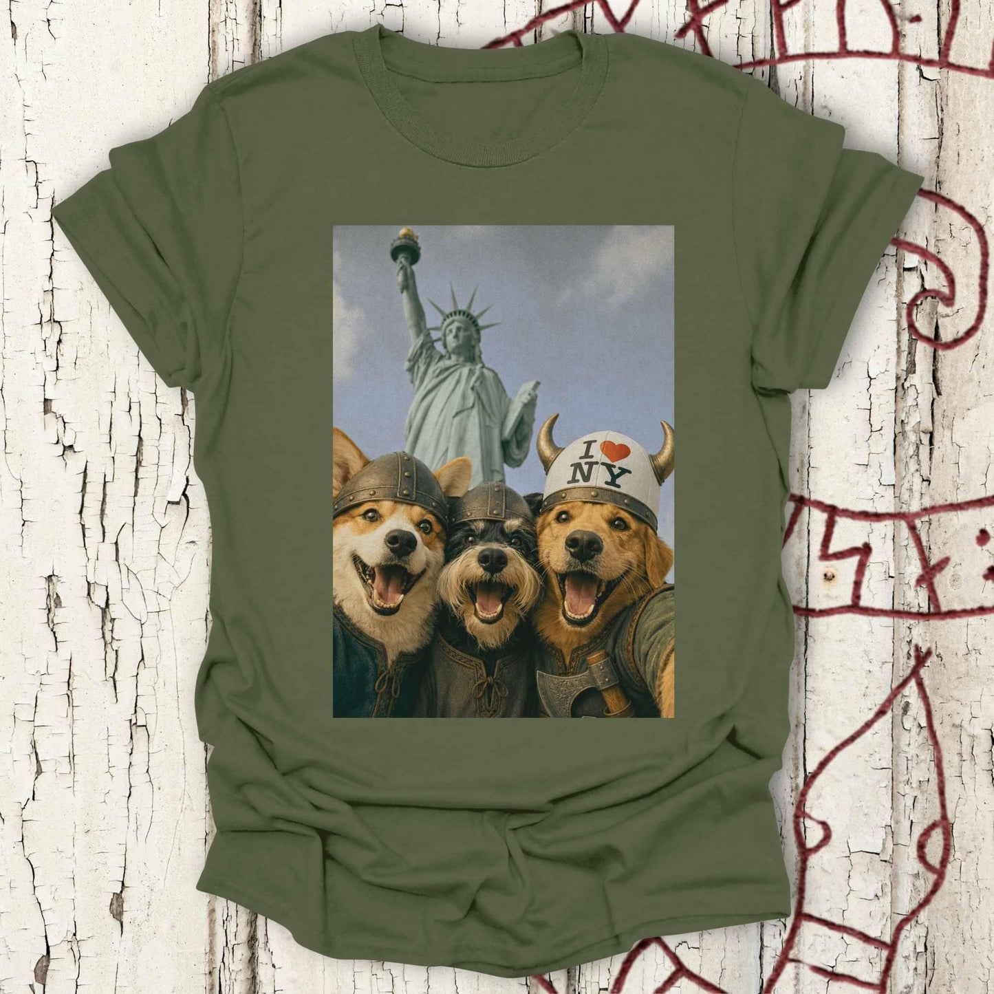 Viking Dogs Retro Selfie Photo Style - Statue of Liberty (I Love NY) T-shirt
