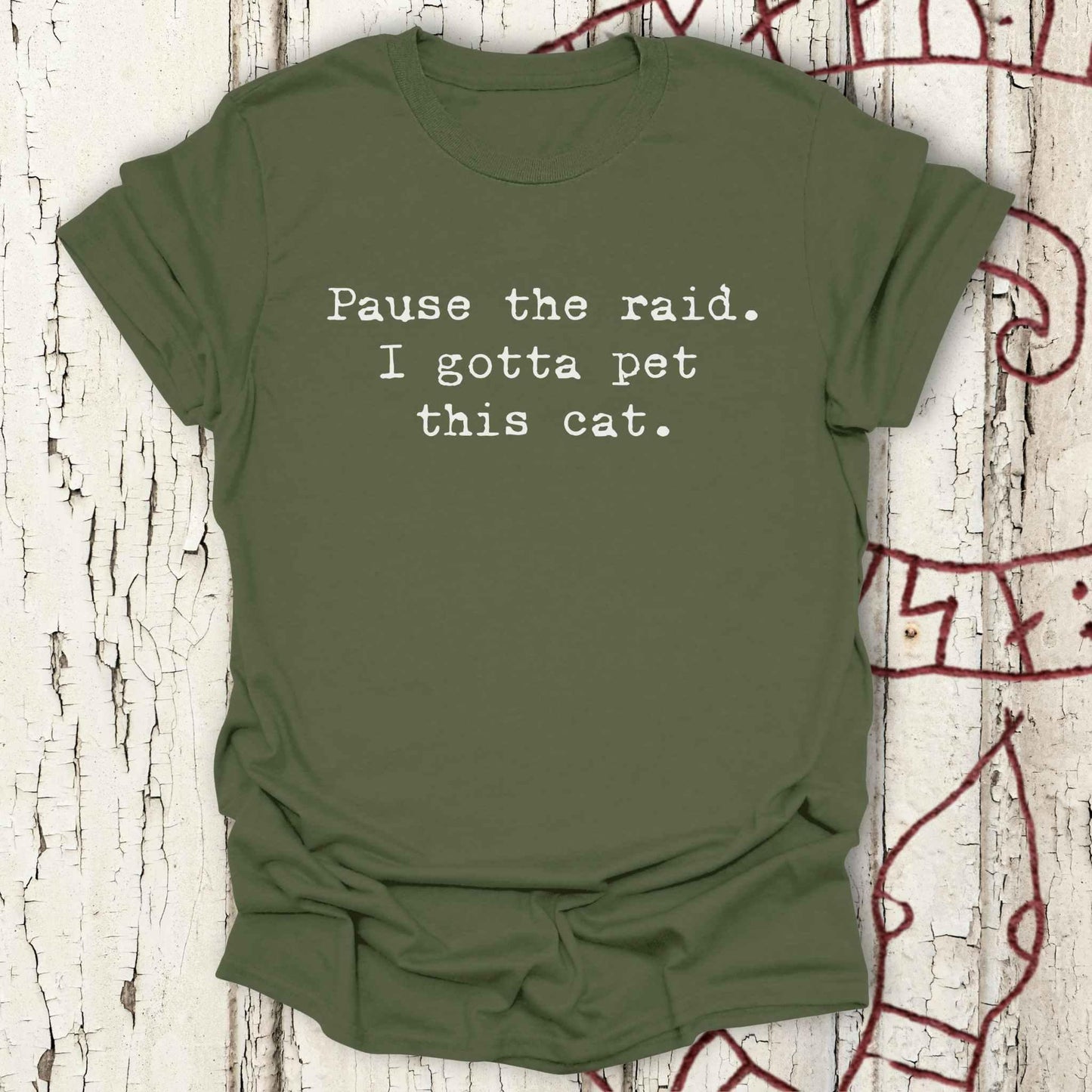 Pause the Raid. I Gotta Pet This Cat - Funny Minimalist Norse T-shirt NEW!