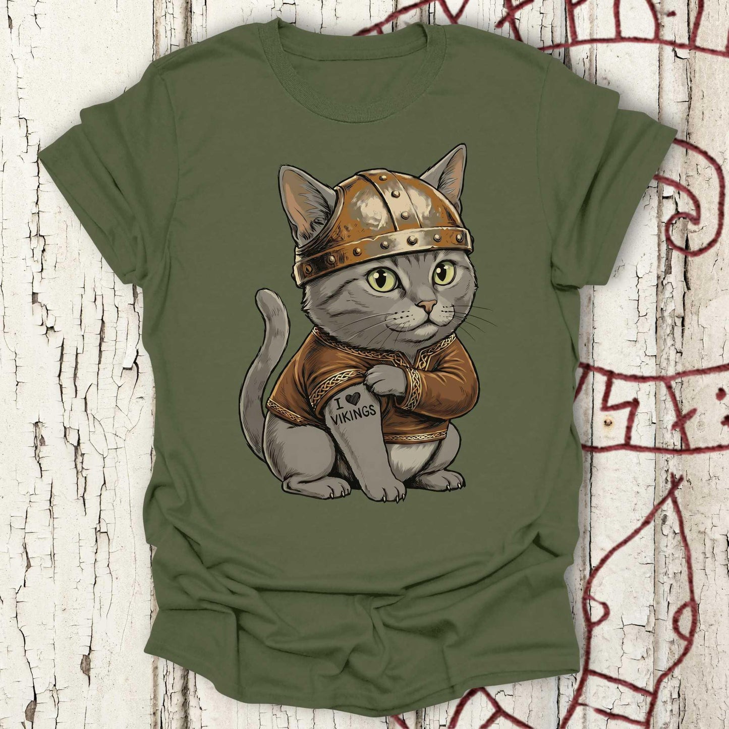 Viking Cat with Tattoo "I Love Vikings" - T-shirt NEW!