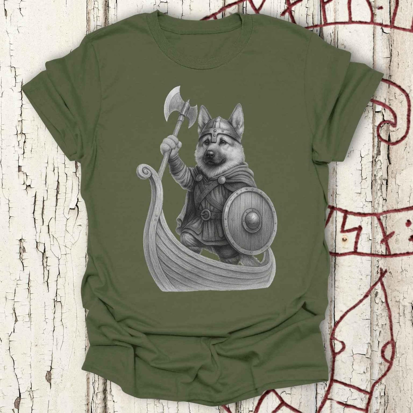 German Shepherd in a Longship T-shirt