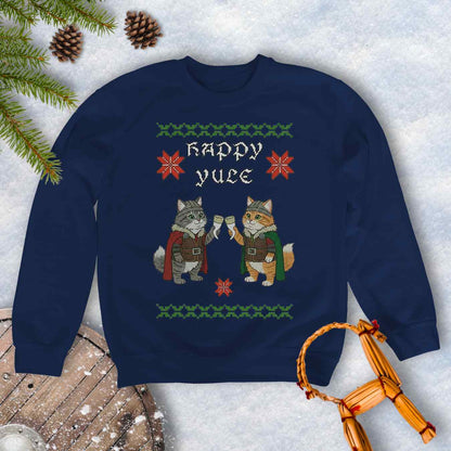 Navy Blue ugly sweater type sweatshirt with Viking cat design and 'Happy Yule' text on a snowy background.