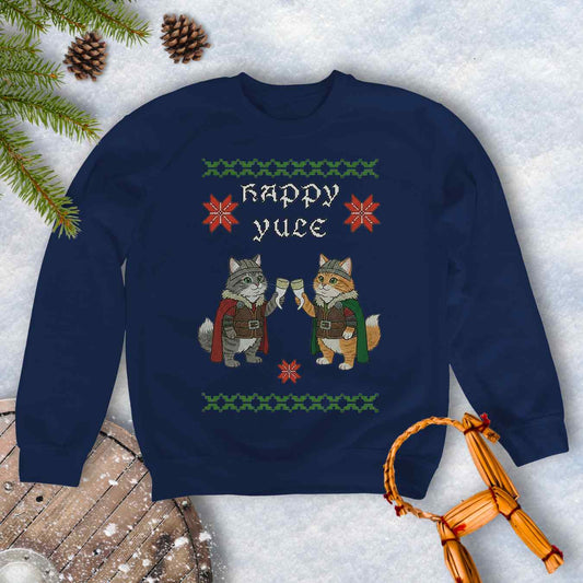 Navy Blue ugly sweater type sweatshirt with Viking cat design and 'Happy Yule' text on a snowy background.