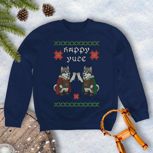 Navy blue sweatshirt with ugly Christmas sweater style and Nordic pattern with Viking Huskies Graphic. Text 'Happy Yule'.